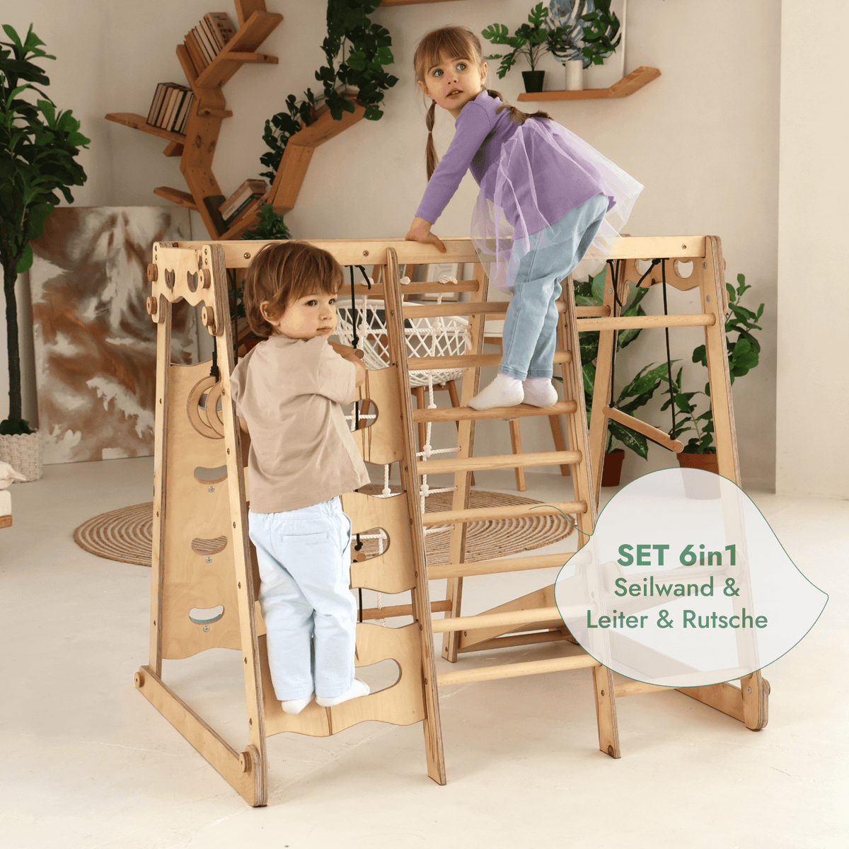 6in1 Indoor-Spielplatz aus Holz für Kinder – Schaukel, Rutsche, Seil und Treppe