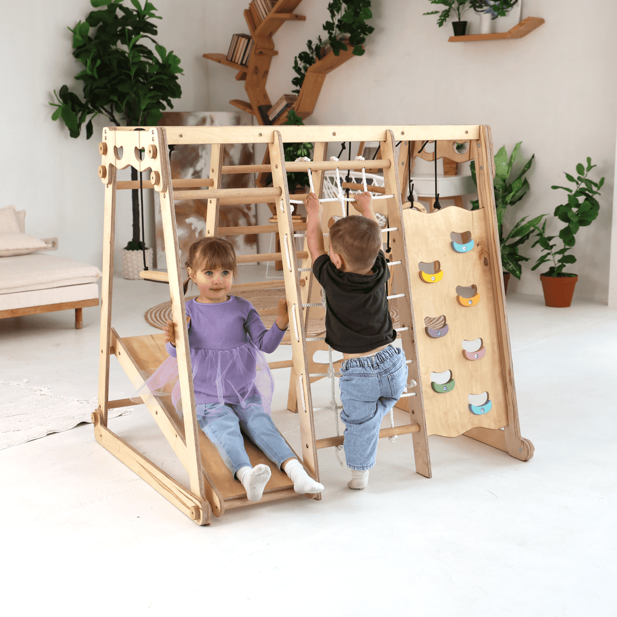6in1 Indoor-Spielplatz aus Holz für Kinder – Schaukel, Rutsche, Seil und Treppe