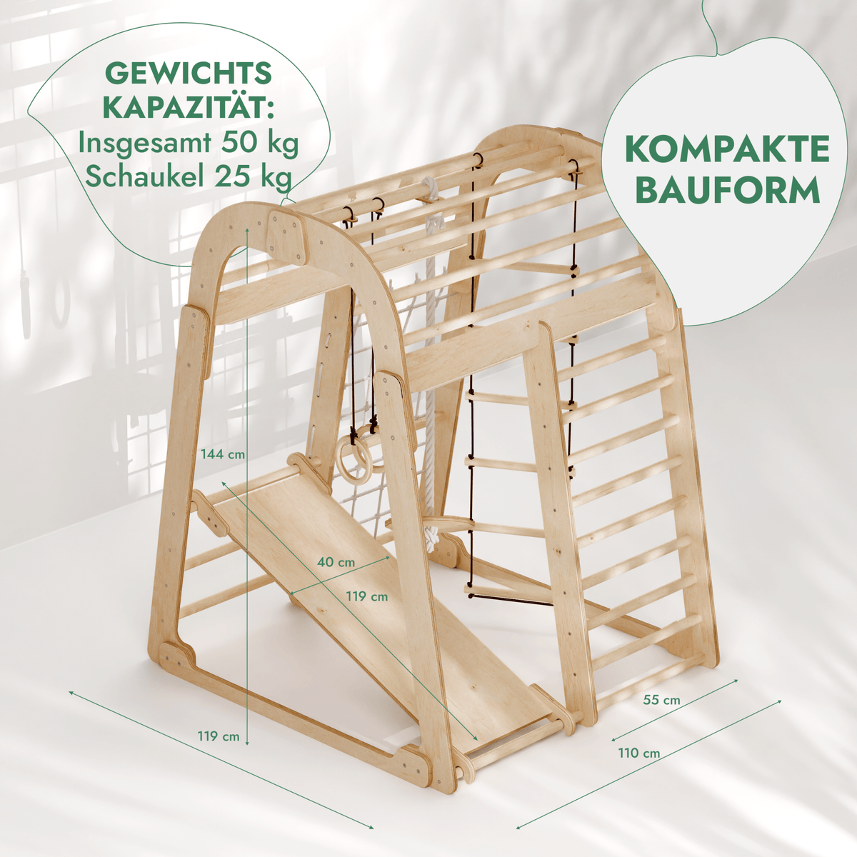 6in1 Indoor Spielplatz für Kinder: Klettergerüst mit Kletternetz, Rutsche, Gymnastikringe, Hängende Leiter und Disc-Schaukel – Beige