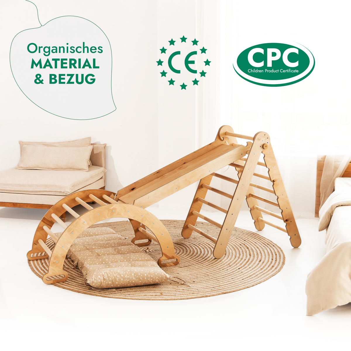 4in1 Montessori Klettergerüst Set: Kletterdreieck mit Rutsche, Kletterbogen mit Kissen, für Kinder 1-7 Jahre – Beige