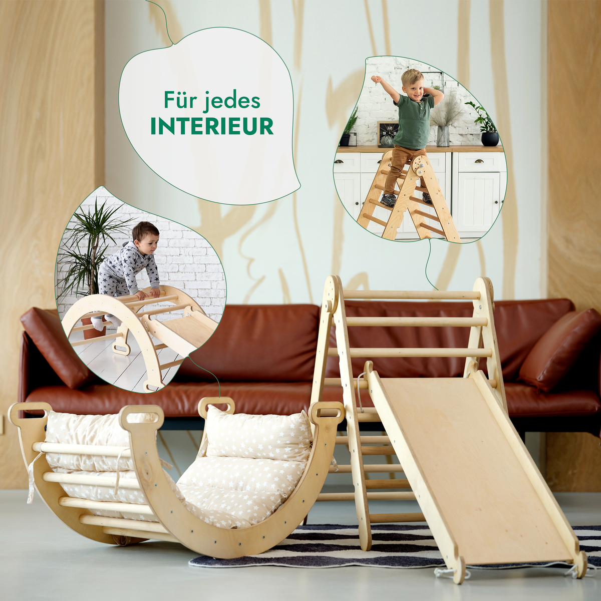 4in1 Montessori Klettergerüst Set: Kletterdreieck mit Rutsche, Kletterbogen mit Kissen, für Kinder 1-7 Jahre – Beige