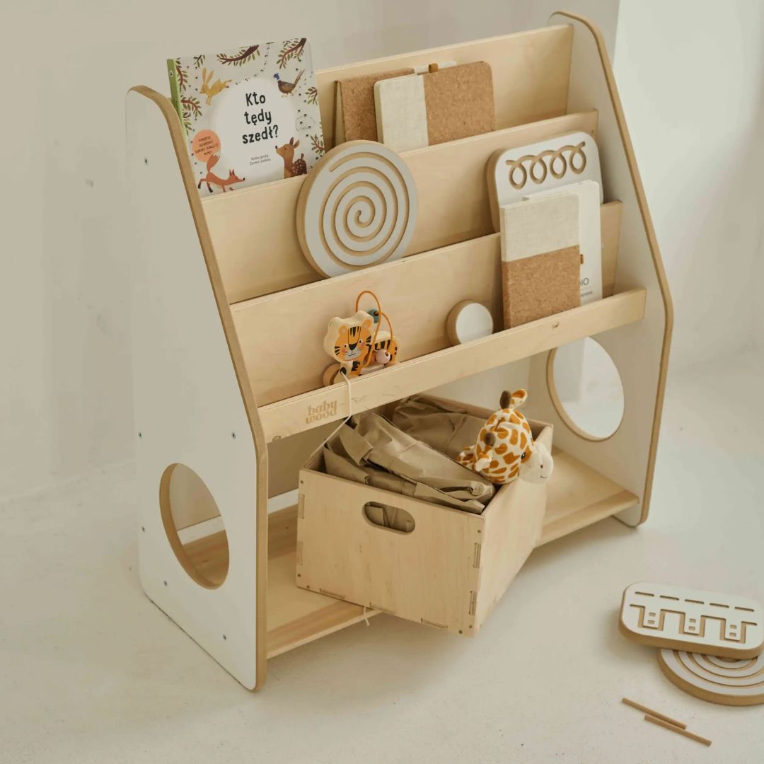 BabyWood Montessori 2-in1 Bücherregal aus Holz für Bücher und Spielzeug – Die kleine Schnullerbacke