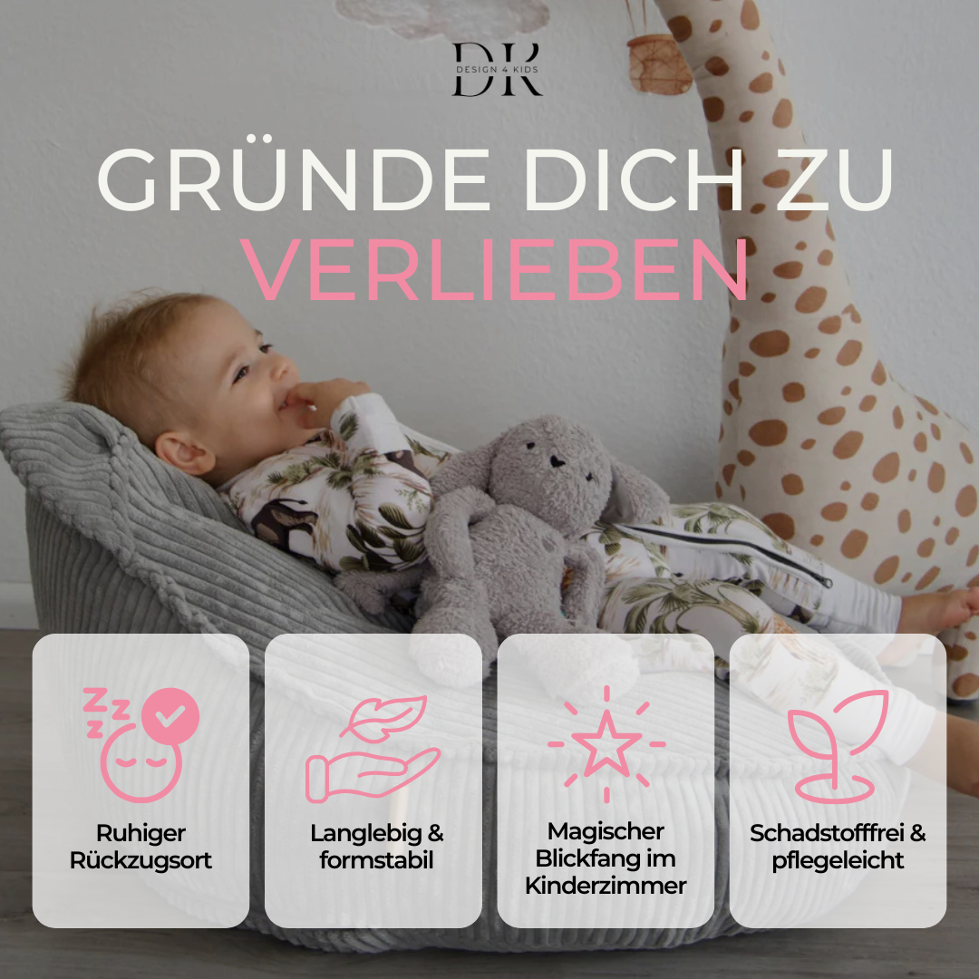 Design4Kids Kindersessel Jewel Cord als Bären-Sitzsack Marble Grey