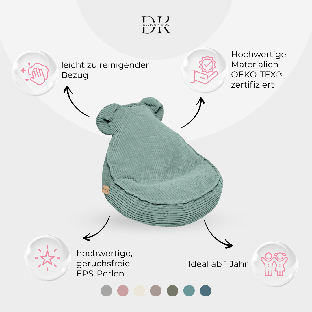 Design4Kids Kindersessel Jewel Cord als Bären-Sitzsack Cozy Mint