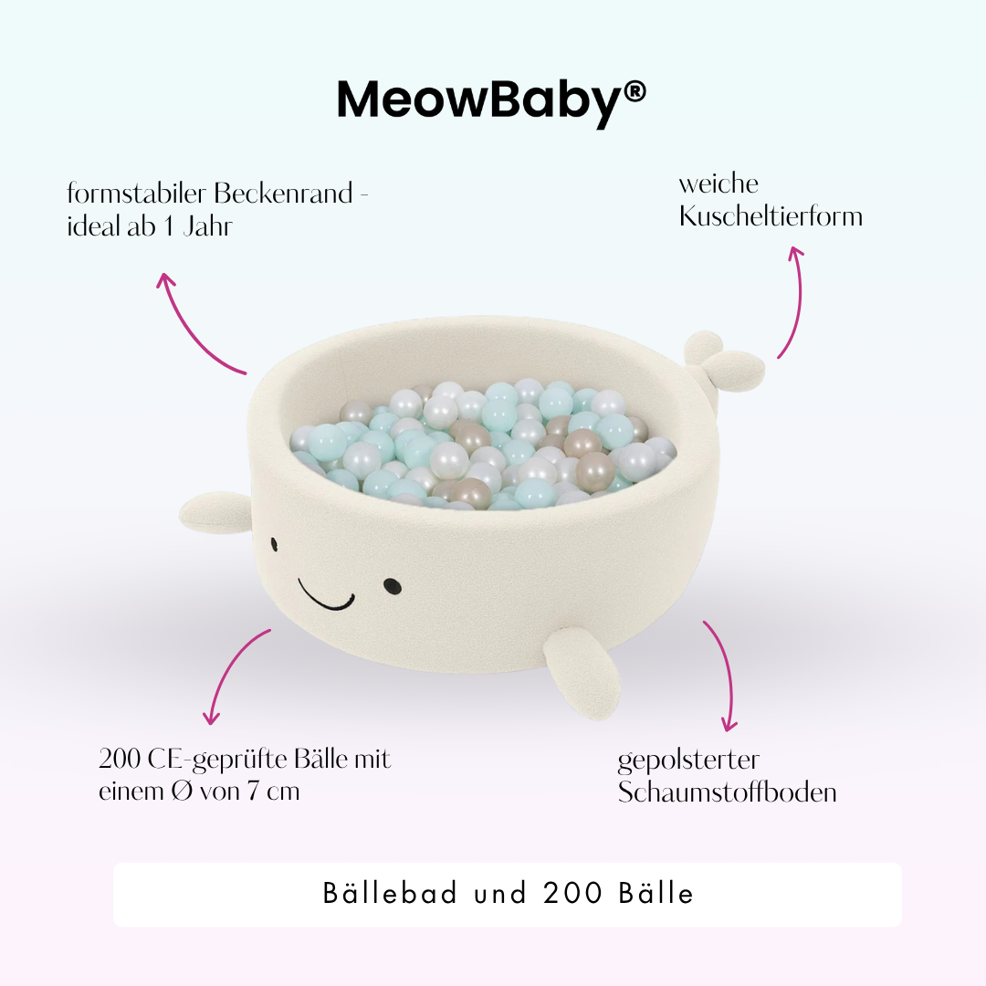 MeowBaby Bällebad kleiner Wal Shelly Bouclé – creme/weiß