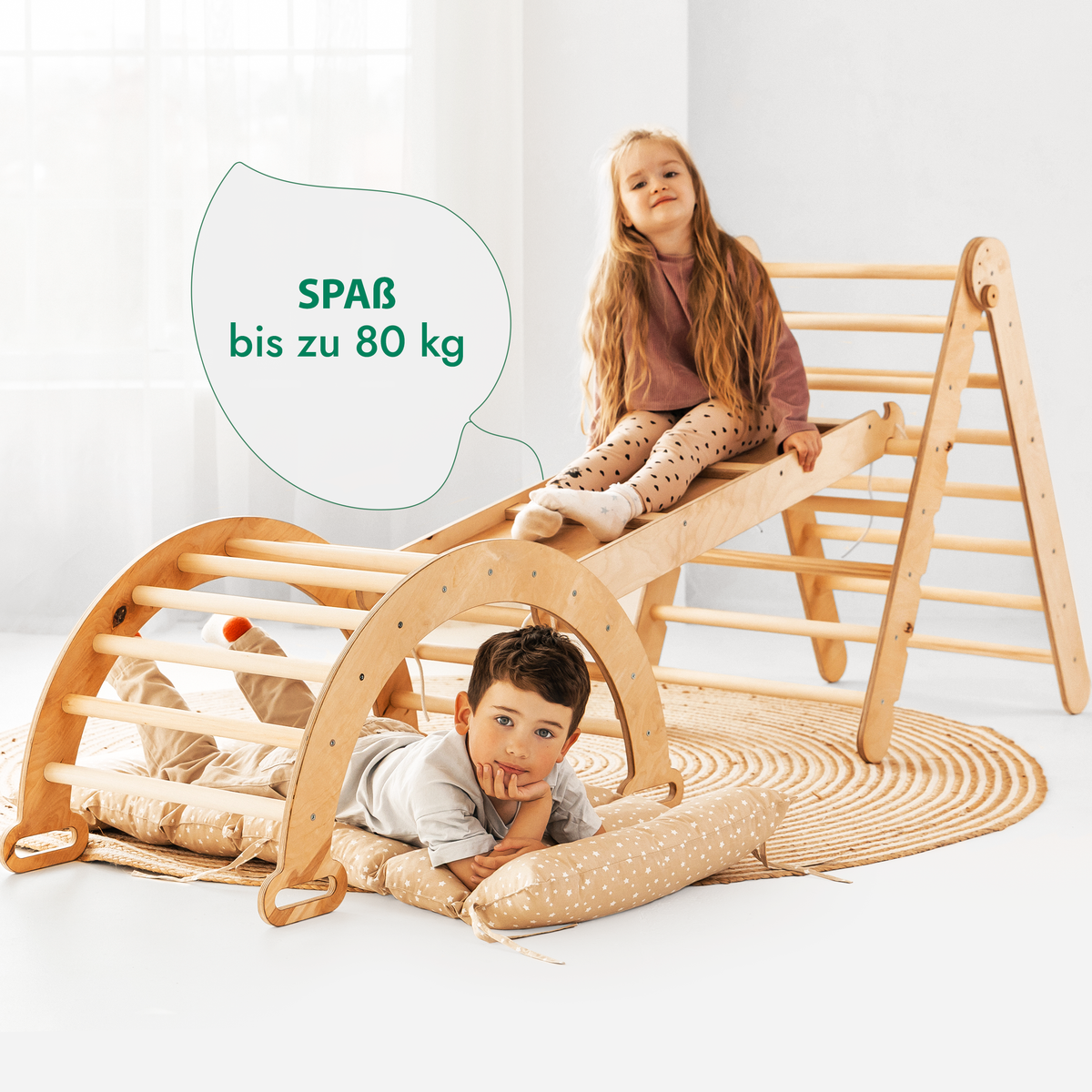 4in1 Montessori Klettergerüst Set: Kletterdreieck mit Rutsche, Kletterbogen mit Kissen, für Kinder 1-7 Jahre – Beige