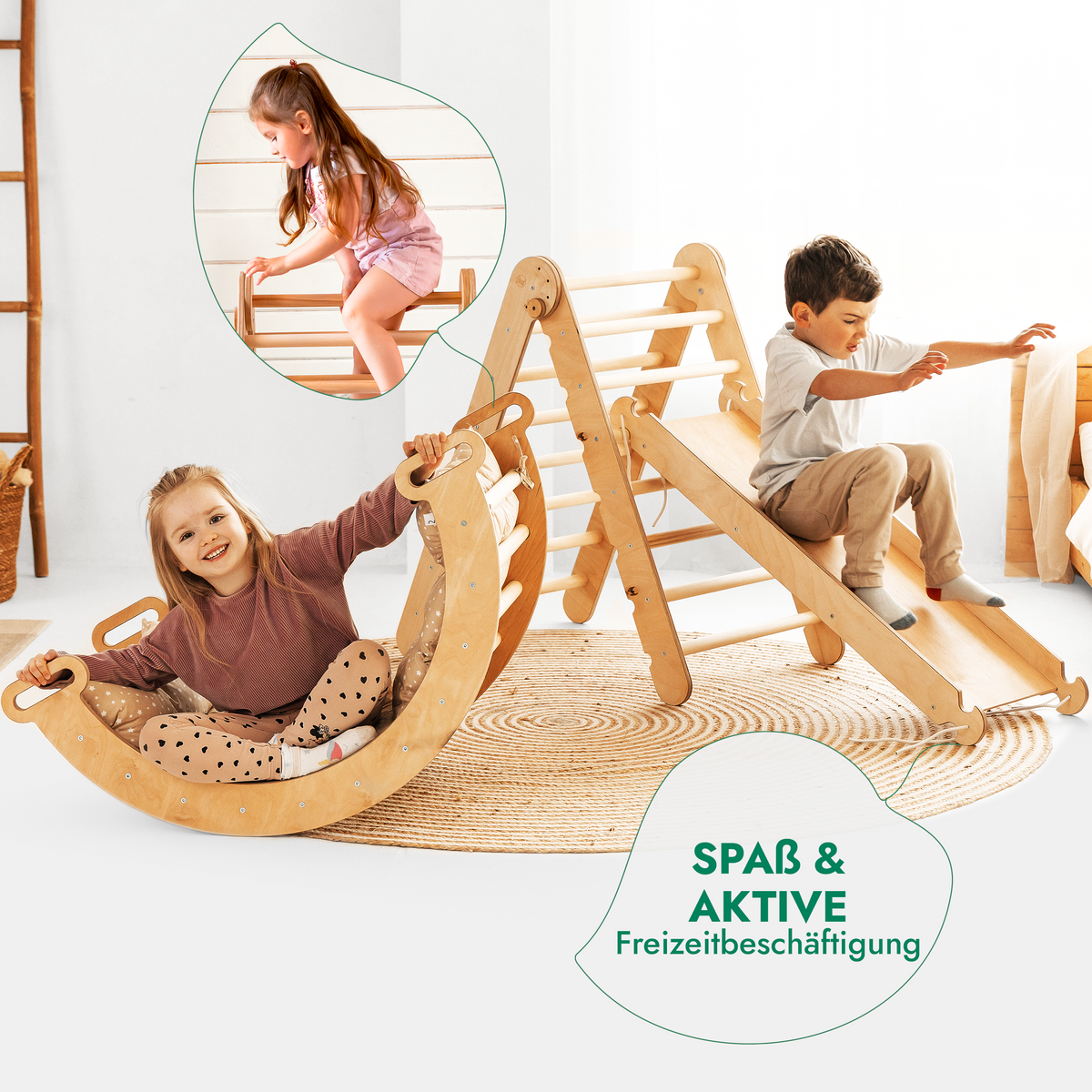 4in1 Montessori Klettergerüst Set: Kletterdreieck mit Rutsche, Kletterbogen mit Kissen, für Kinder 1-7 Jahre – Beige