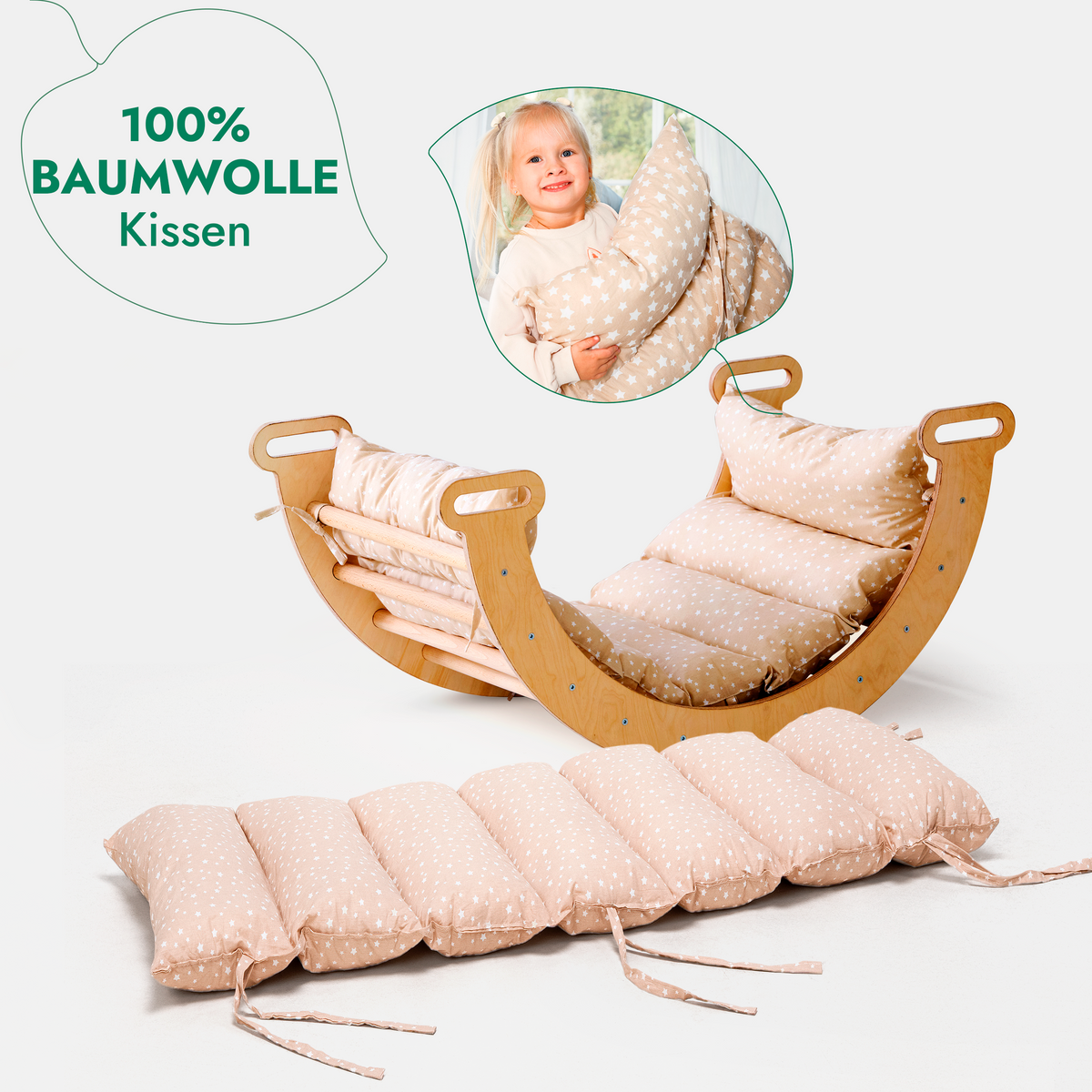 4in1 Montessori Klettergerüst Set: Kletterdreieck mit Rutsche, Kletterbogen mit Kissen, für Kinder 1-7 Jahre – Beige