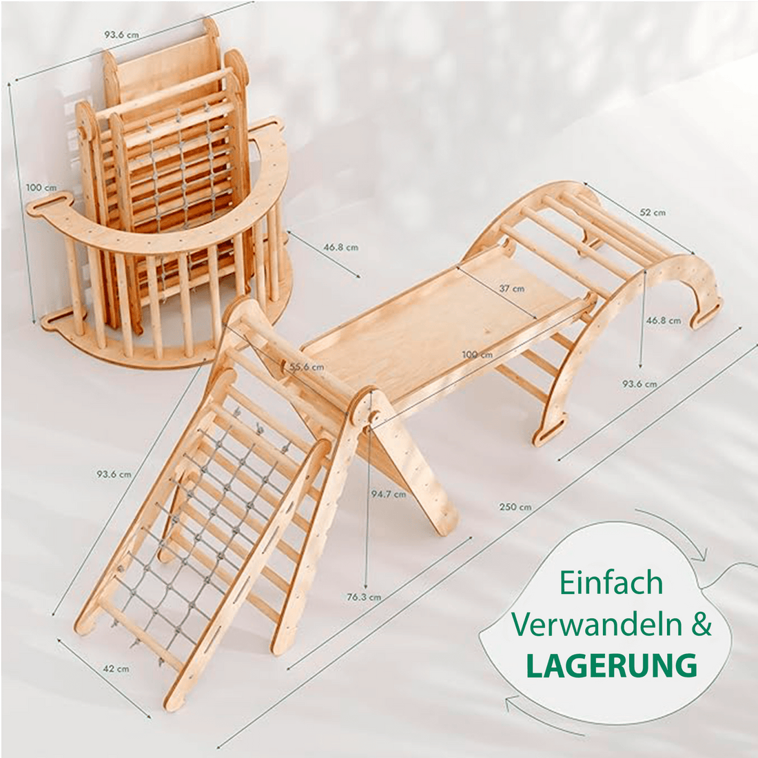 Goodevas 4in1 Montessori Klettergerüst Set: Kletterdreieck mit Rutsche, Kletterbogen, Kletternetz, für Kinder 1-7 Jahre – Beige