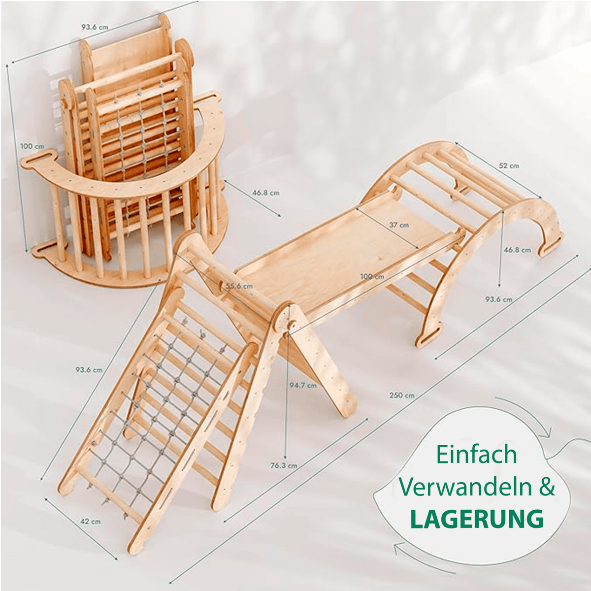 4in1 Montessori Klettergerüst Set: Kletterdreieck mit Rutsche, Kletterbogen, Kletternetz, für Kinder 1-7 Jahre – Beige