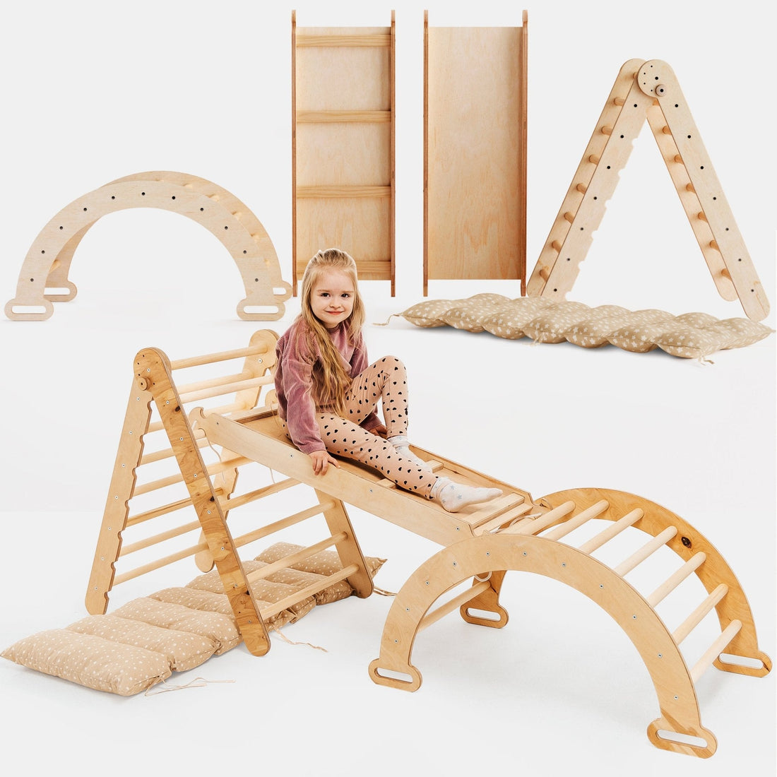 Goodevas 4in1 Montessori Klettergerüst Set: Kletterdreieck mit Rutsche, Kletterbogen mit Kissen, für Kinder 1-7 Jahre – Beige