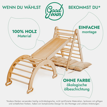 4in1 Montessori Klettergerüst Set: Kletterdreieck mit Rutsche, Kletterbogen mit Kissen, für Kinder 1-7 Jahre – Beige