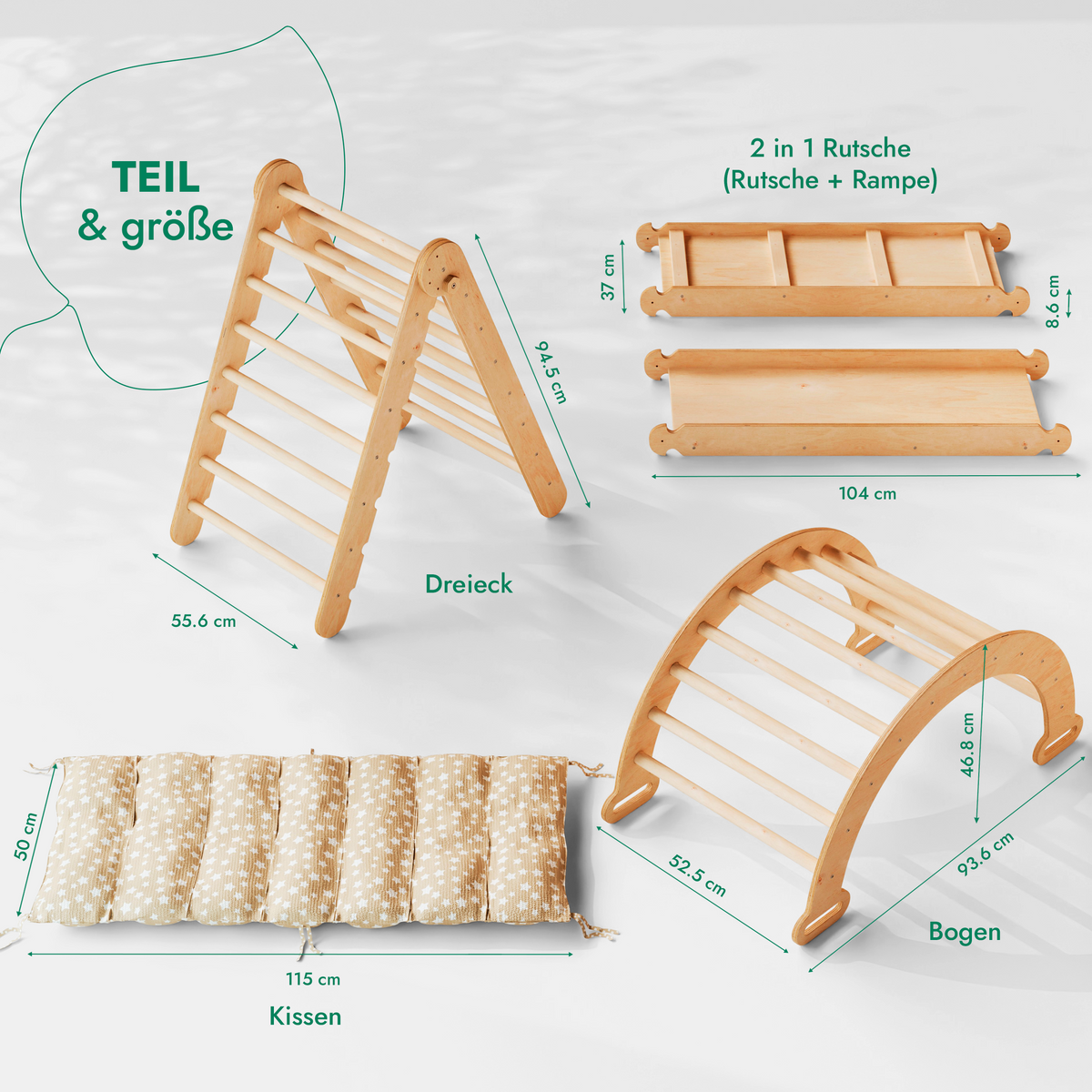 4in1 Montessori Klettergerüst Set: Kletterdreieck mit Rutsche, Kletterbogen mit Kissen, für Kinder 1-7 Jahre – Beige