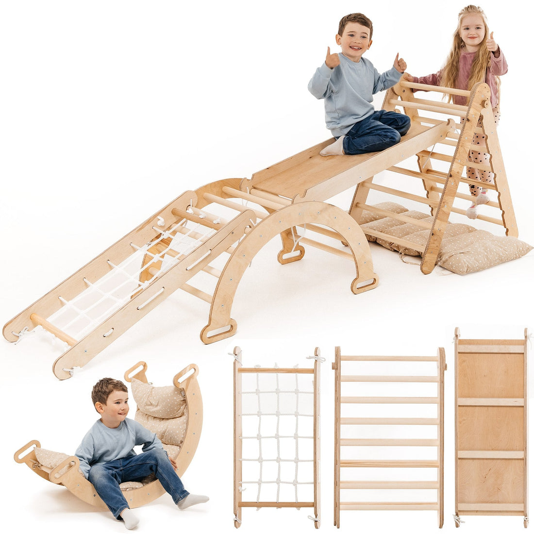 Goodevas 5in1 Montessori Klettergerüst Set: Kletterdreieck mit Rutsche, Kletterbogen, Kletternetz und Kissen, für Kinder 1-7 Jahre – Beige