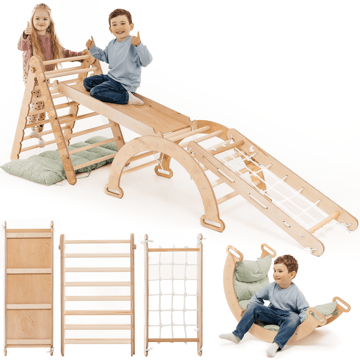 5in1 Montessori Klettergerüst Set: Kletterdreieck mit Rutsche, Kletterbogen, Kletternetz und Kissen, für Kinder 1-7 Jahre – Beige