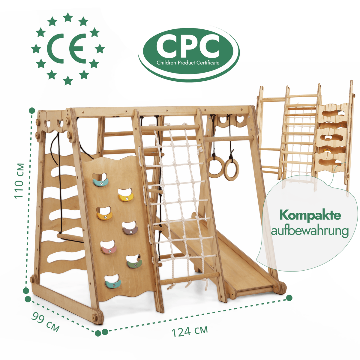 6in1 Indoor-Spielplatz aus Holz für Kinder –  Schaukel, Rutsche, Seil und Treppe