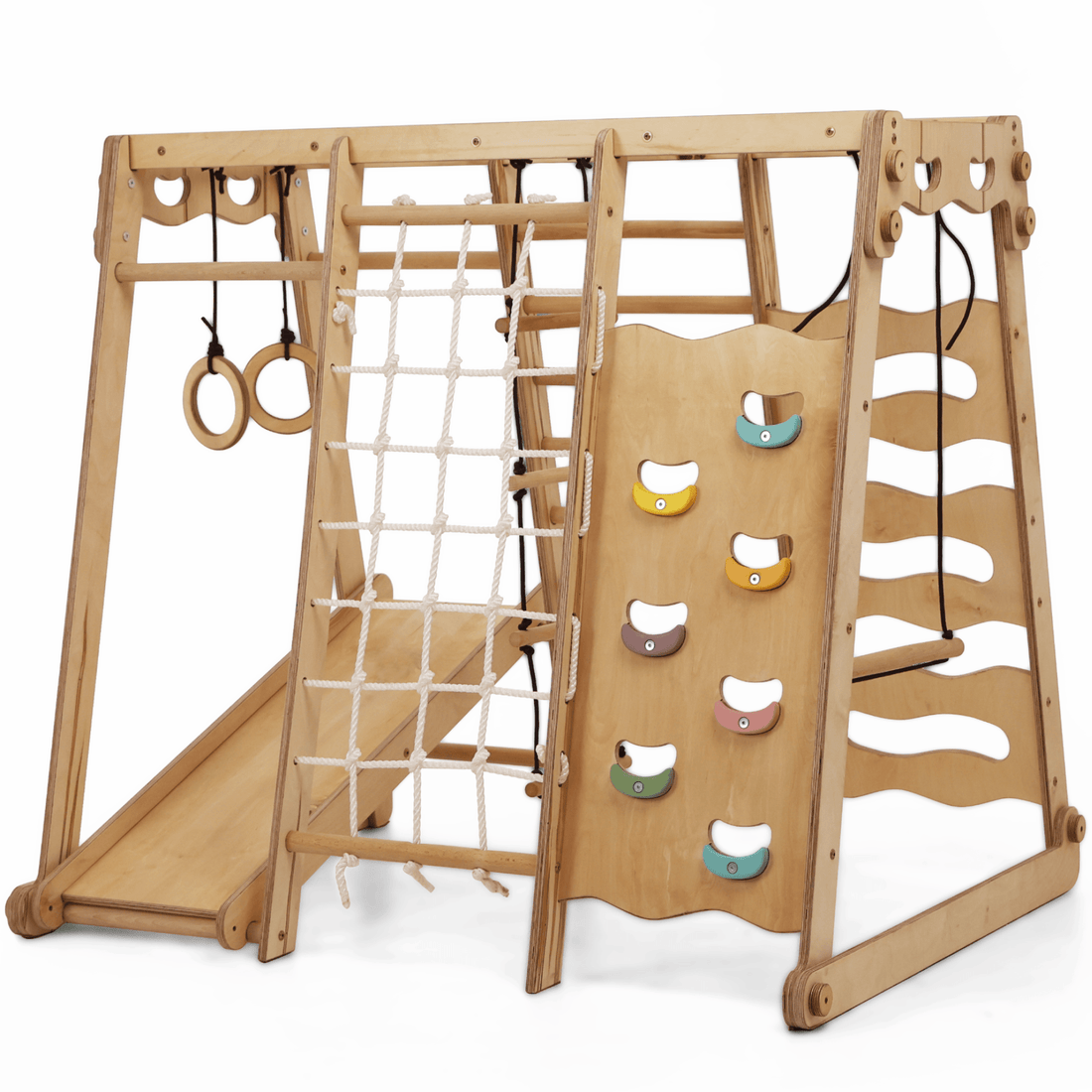 Goodevas 6in1 Indoor-Spielplatz aus Holz für Kinder – Schaukel, Rutsche, Seil und Treppe
