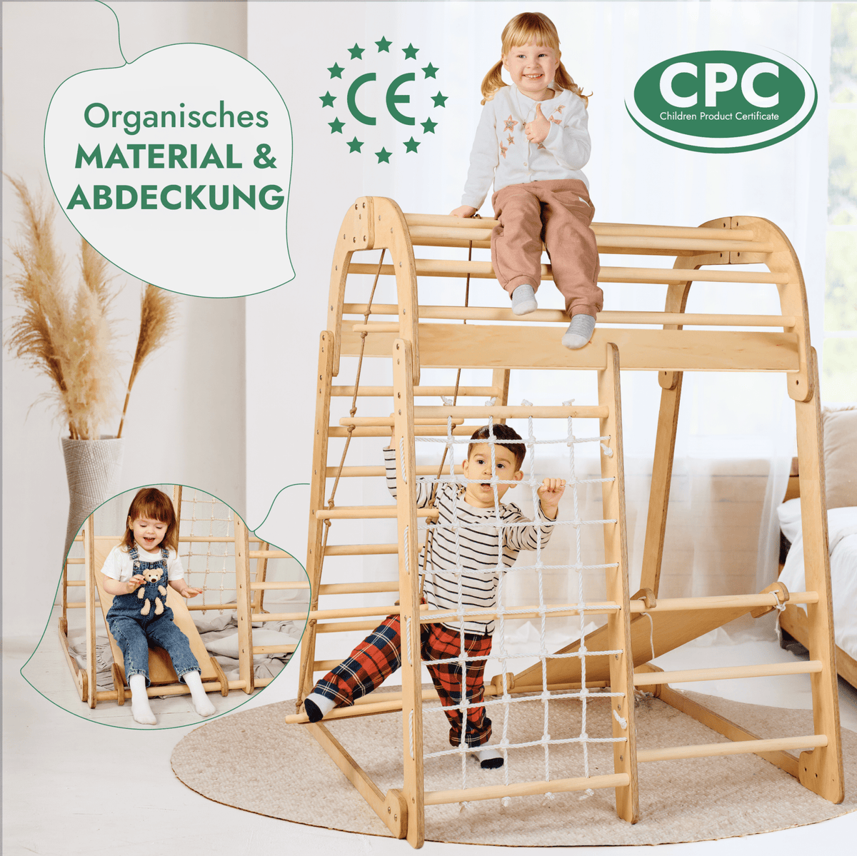 6in1 Indoor Spielplatz für Kinder: Klettergerüst mit Kletternetz, Rutsche, Gymnastikringe, Hängende Leiter und Disc-Schaukel – Beige