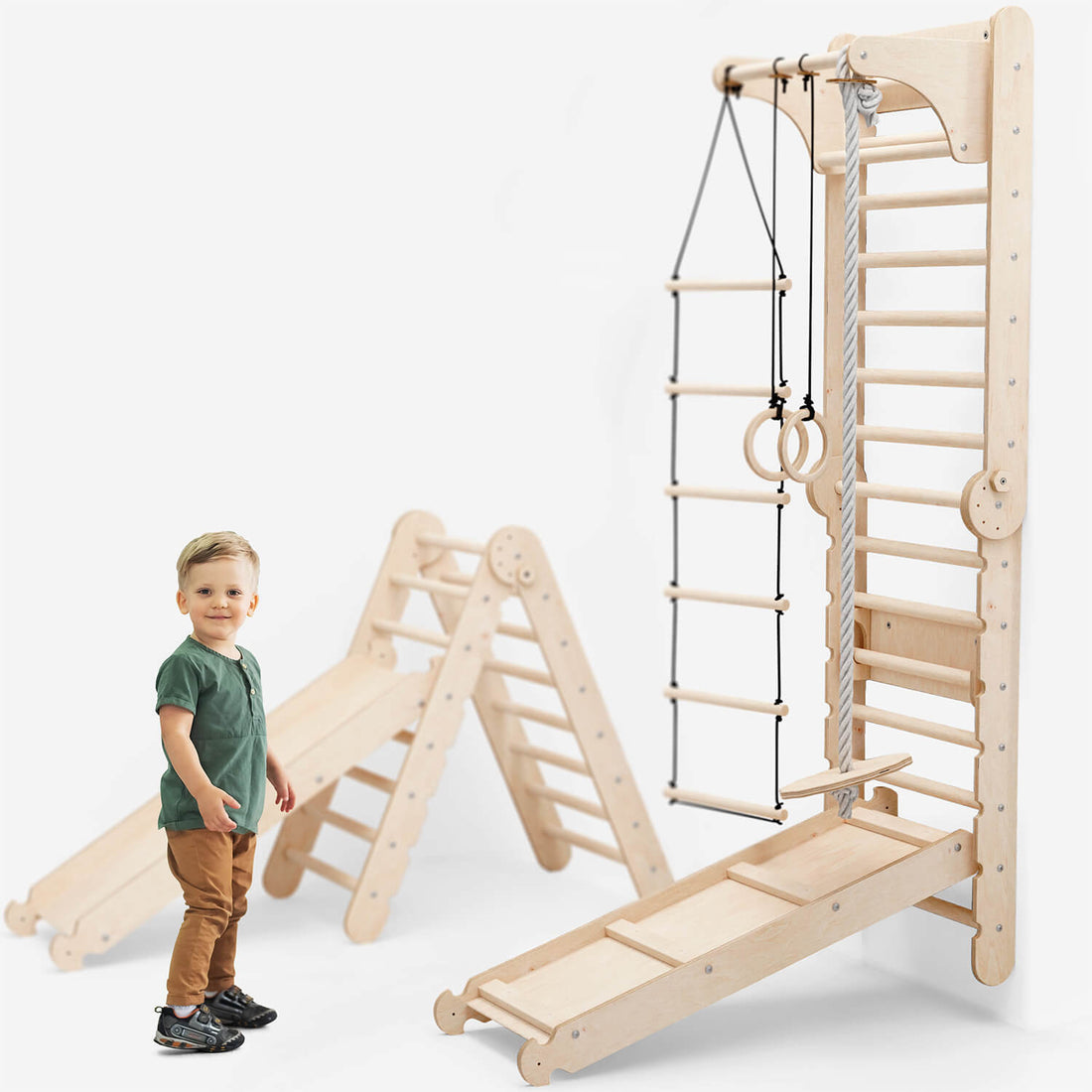 Goodevas 6in1 Kletterwand Indoor: Sprossenwand, Gymnastikringe, Hängende Leiter, Disc-Schaukel, Rutsche und Klimmzugstange für Kinder