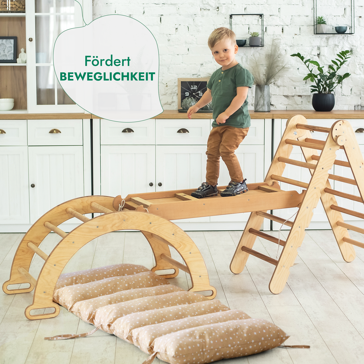 4in1 Montessori Klettergerüst Set: Kletterdreieck mit Rutsche, Kletterbogen mit Kissen, für Kinder 1-7 Jahre – Beige