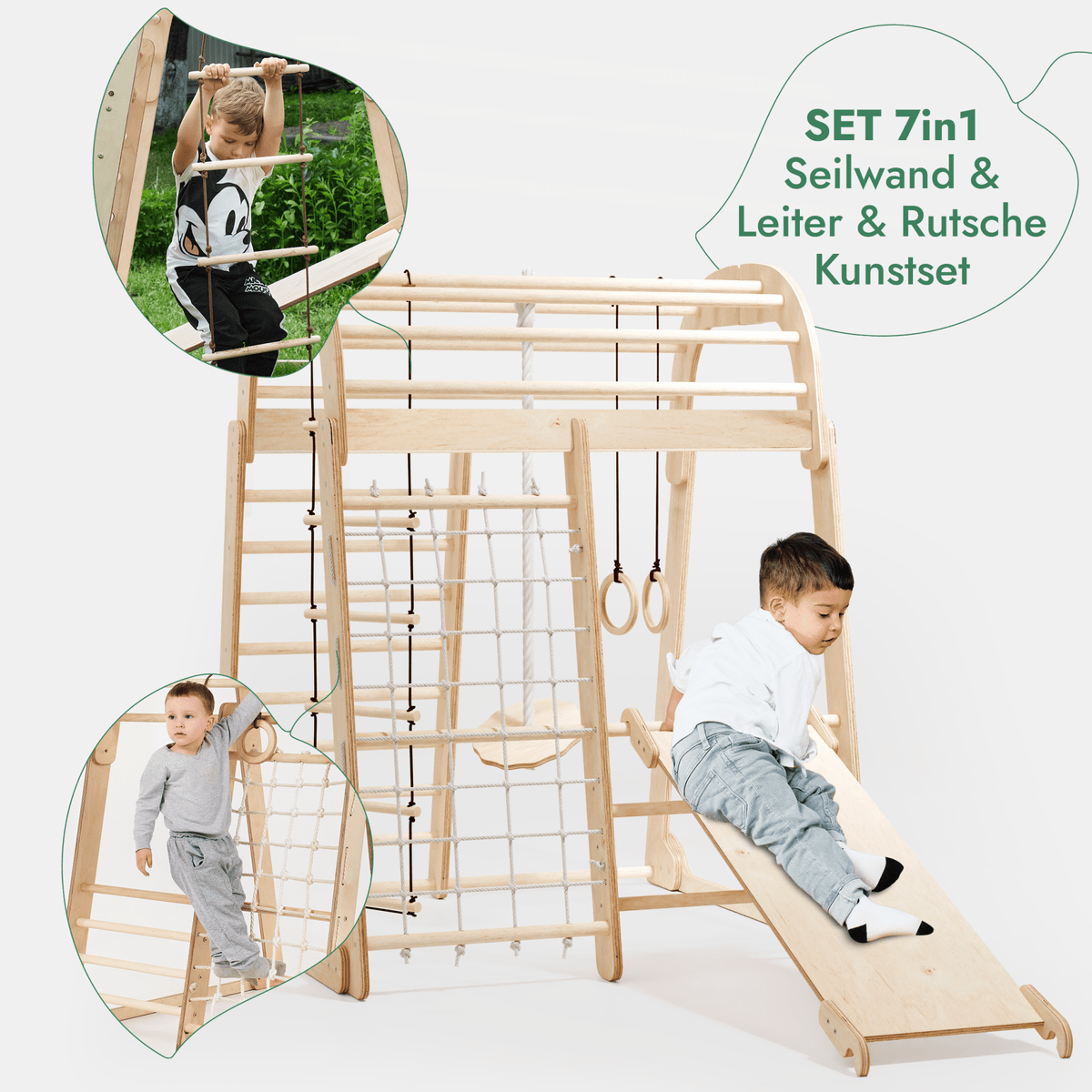 8in1 Indoor Spielplatz: Klettergerüst mit Kletternetz, Rutsche, Gymnastikringe, Hängende Leiter, Disc-Schaukel, Maltafel und Kinderstuhl – Beige
