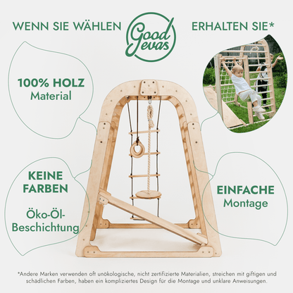 8in1 Indoor Spielplatz: Klettergerüst mit Kletternetz, Rutsche, Gymnastikringe, Hängende Leiter, Disc-Schaukel, Maltafel und Kinderstuhl – Beige