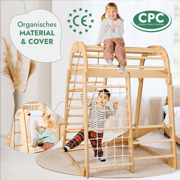 8in1 Indoor Spielplatz: Klettergerüst mit Kletternetz, Rutsche, Gymnastikringe, Hängende Leiter, Disc-Schaukel, Maltafel und Kinderstuhl – Beige