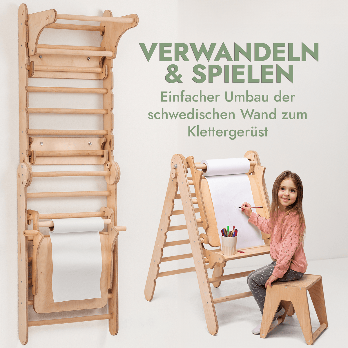8in1 Kletterwand Indoor: Sprossenwand, Gymnastikringe, Hängende Leiter, Disc-Schaukel, Rutsche, Klimmzugstange, Maltafel und Kinderstuhl für Kinder – Beige