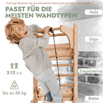 8in1 Kletterwand Indoor: Sprossenwand, Gymnastikringe, Hängende Leiter, Disc-Schaukel, Rutsche, Klimmzugstange, Maltafel und Kinderstuhl für Kinder – Beige