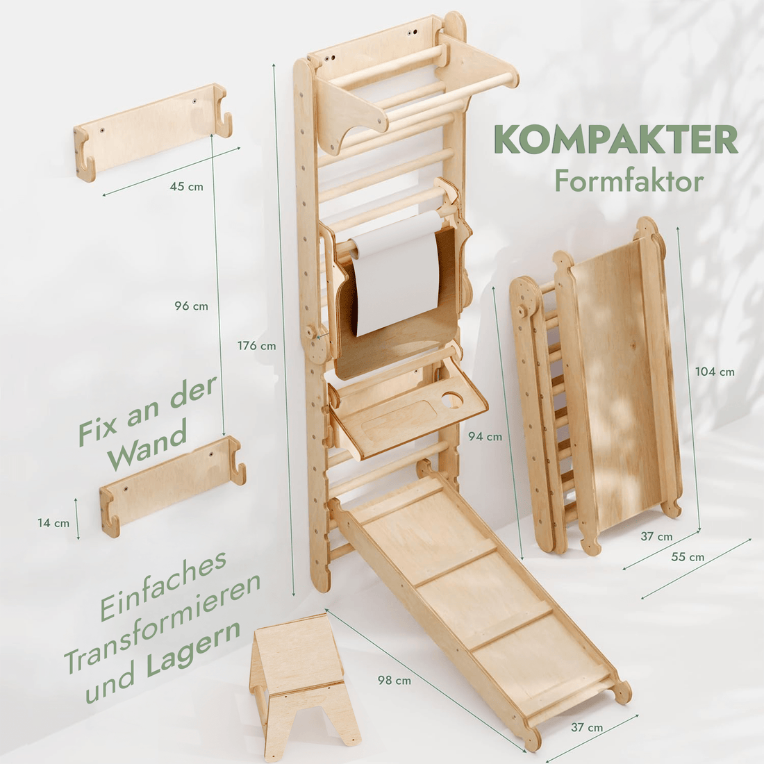 Goodevas 8in1 Kletterwand Indoor: Sprossenwand, Gymnastikringe, Hängende Leiter, Disc-Schaukel, Rutsche, Klimmzugstange, Maltafel und Kinderstuhl für Kinder – Beige