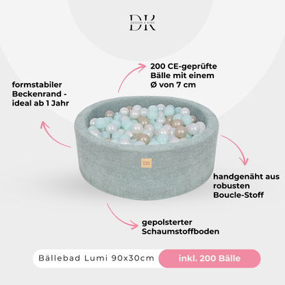 Design4Kids Bällebad Lumi 90x30cm Bouclé, 200 Bälle - eigene Farbauswahl