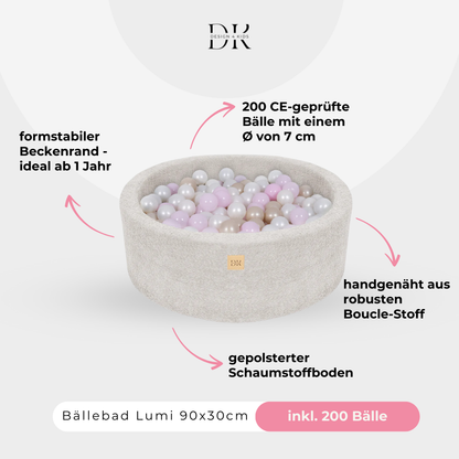 Design4Kids Bällebad Lumi 90x30cm Bouclé, 200 Bälle - eigene Farbauswahl