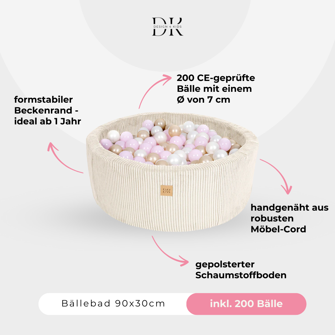 Design4Kids Bällebad Jewel 90x30cm Cord mit 200 Bällen - eigene Farbauswahl Almond Beige