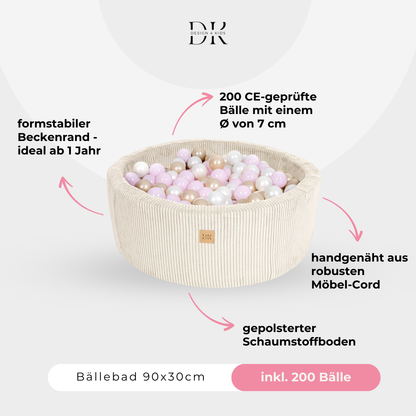Design4Kids Bällebad Jewel 90x30cm Cord mit 200 Bällen - eigene Farbauswahl Almond Beige