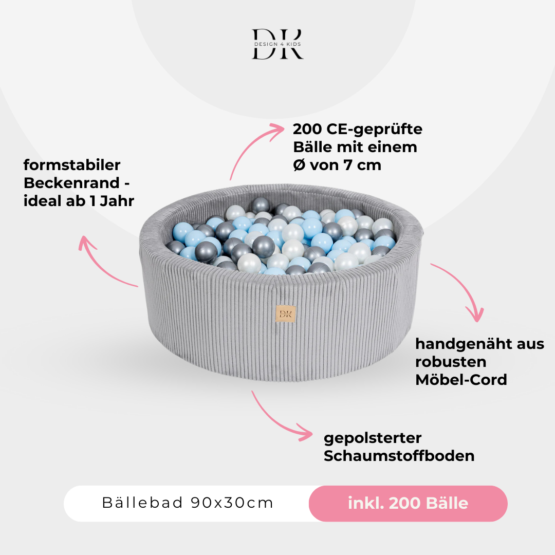 Design4Kids Bällebad Jewel 90x30cm Cord mit 200 Bällen - eigene Farbauswahl Marble Grey