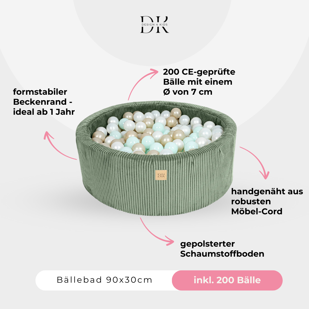 Design4Kids Bällebad Jewel 90x30cm Cord mit 200 Bällen - eigene Farbauswahl Classic Olive