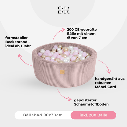 Design4Kids Ball Pit Jewel 90x30cm Cord classic olive with 200 Balls - pearl, mint pearl, gold