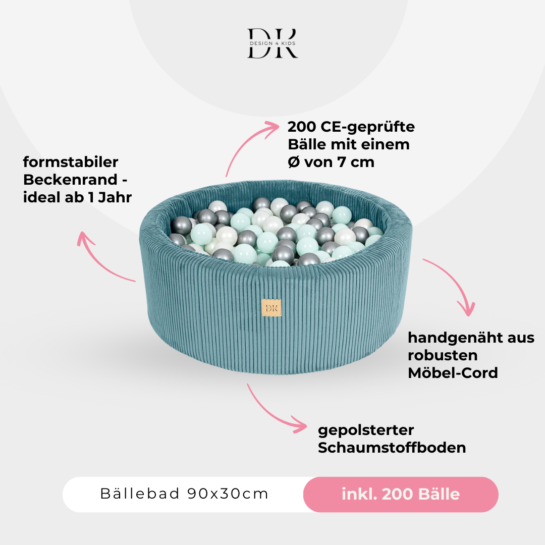 Design4Kids Bällebad Jewel 90x30cm Cord mit 200 Bällen - eigene Farbauswahl Ocean Blue