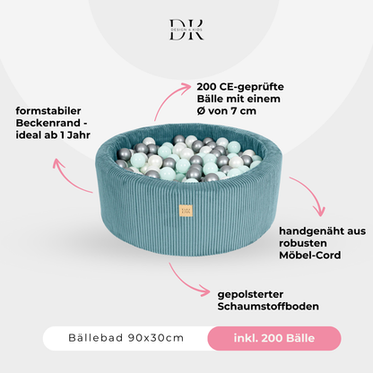 Design4Kids Bällebad Jewel 90x30cm Cord mit 200 Bällen - eigene Farbauswahl Ocean Blue