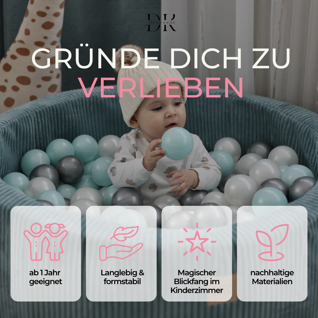 Design4Kids Bällebad Jewel 90x30cm Cord mit 200 Bällen - eigene Farbauswahl Ocean Blue
