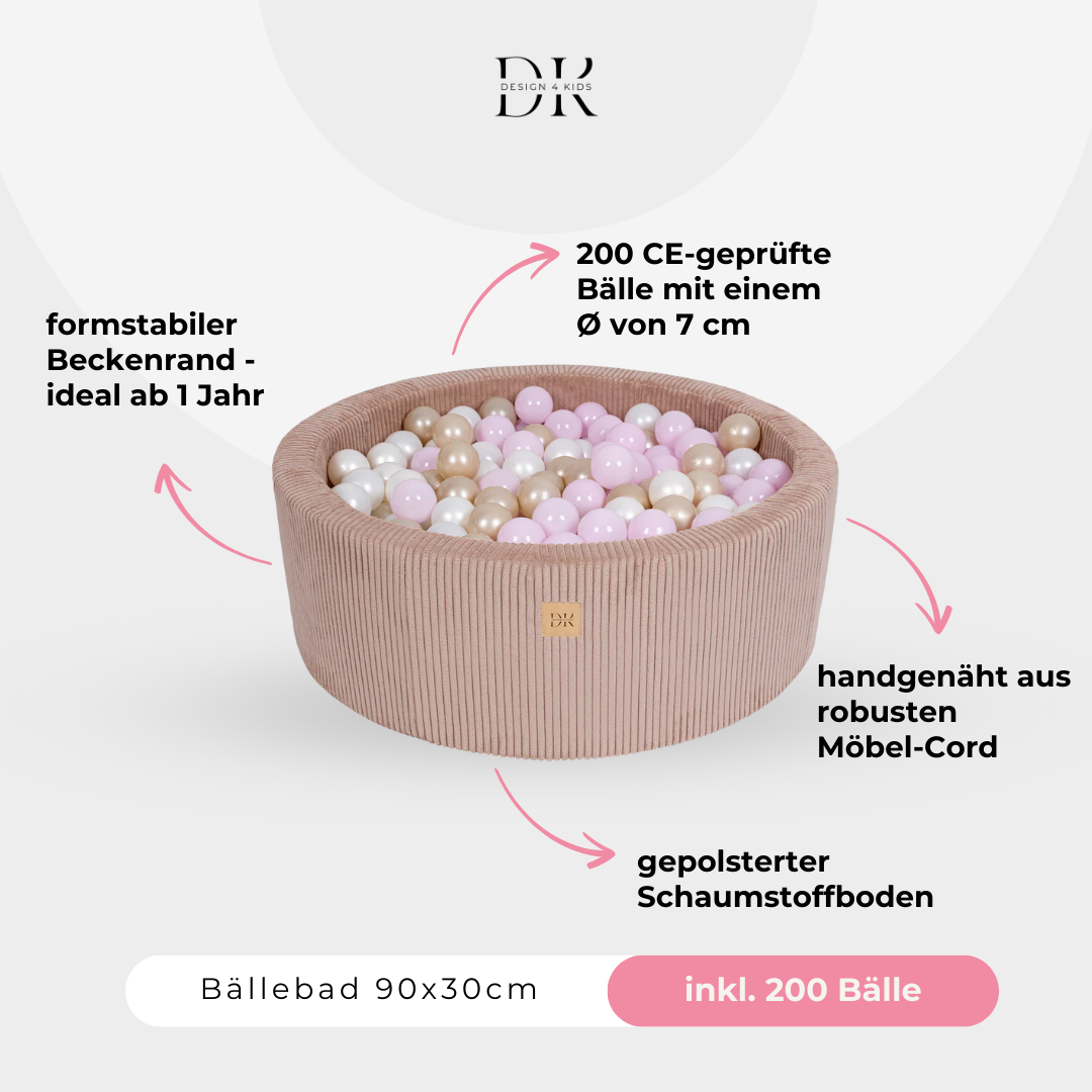 Design4Kids Bällebad Jewel 90x30cm Cord mit 200 Bällen - eigene Farbauswahl Blushed Rose