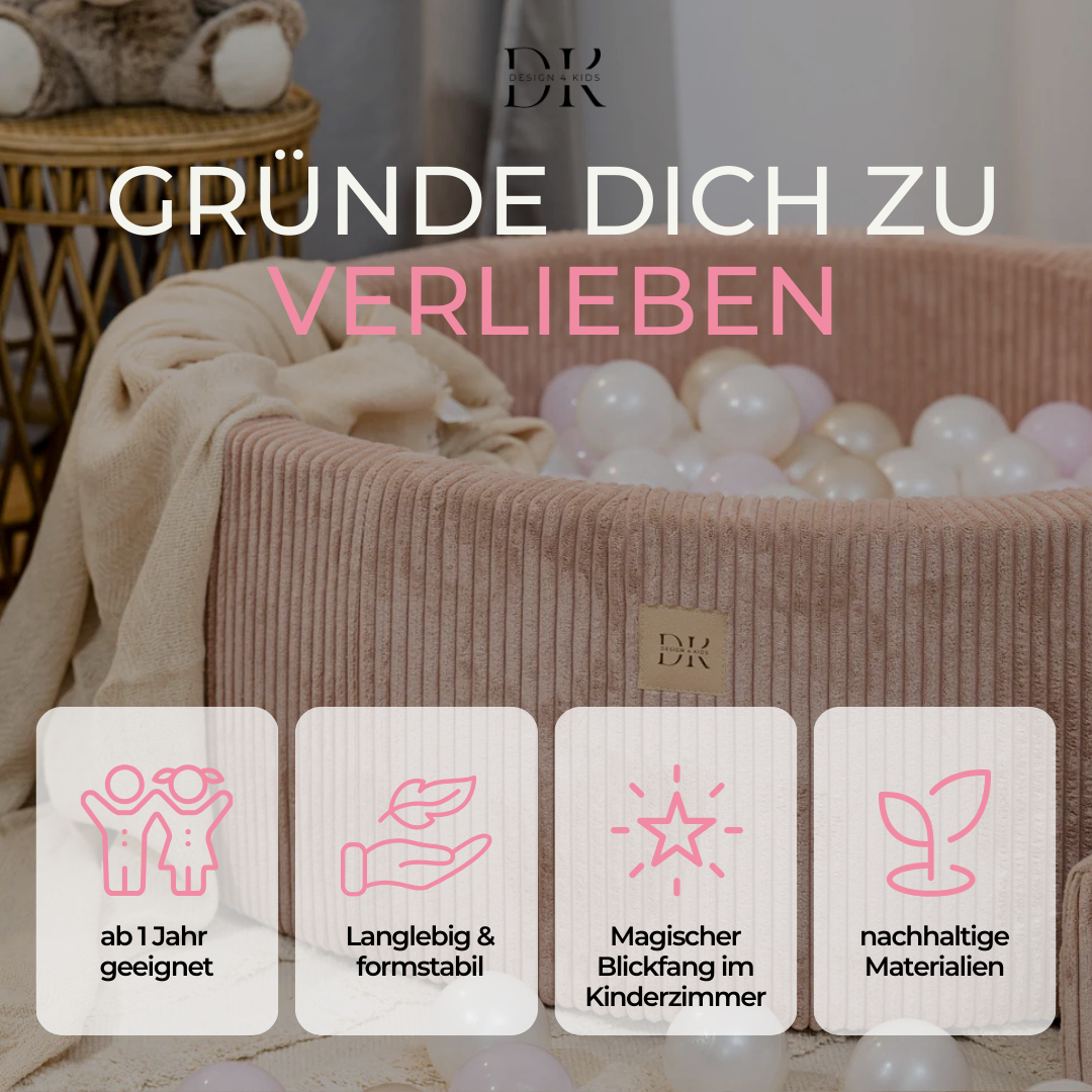 Design4Kids Bällebad Jewel 90x30cm Cord mit 200 Bällen - eigene Farbauswahl Blushed Rose