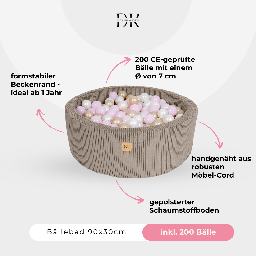 Design4Kids Bällebad Jewel 90x30cm Cord mit 200 Bällen - eigene Farbauswahl Hazelnut Taupe