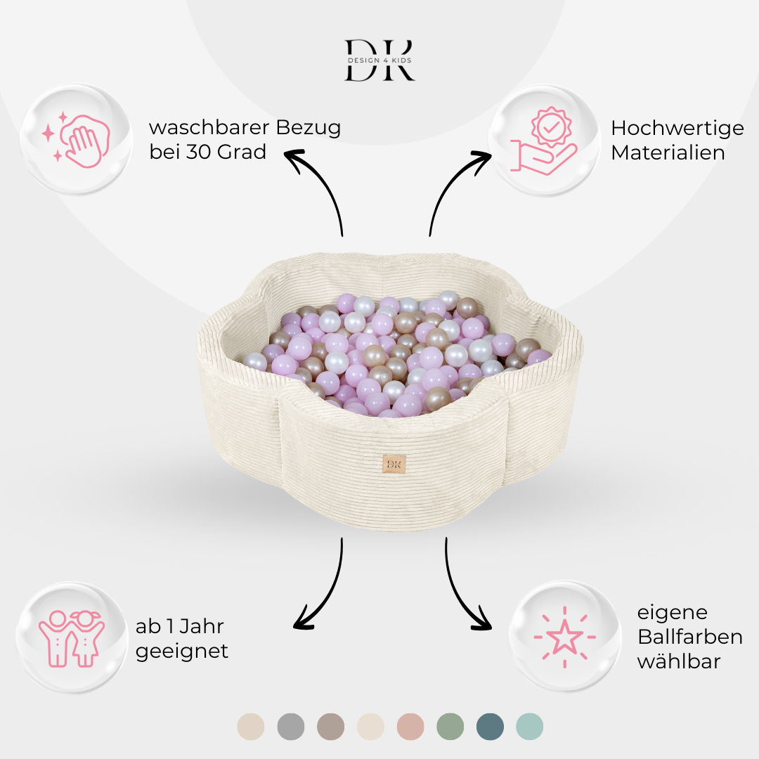 Design4Kids Bällebad Blume Jewel Cord mit Spielmatte, 200 Bälle - eigene Farbauswahl