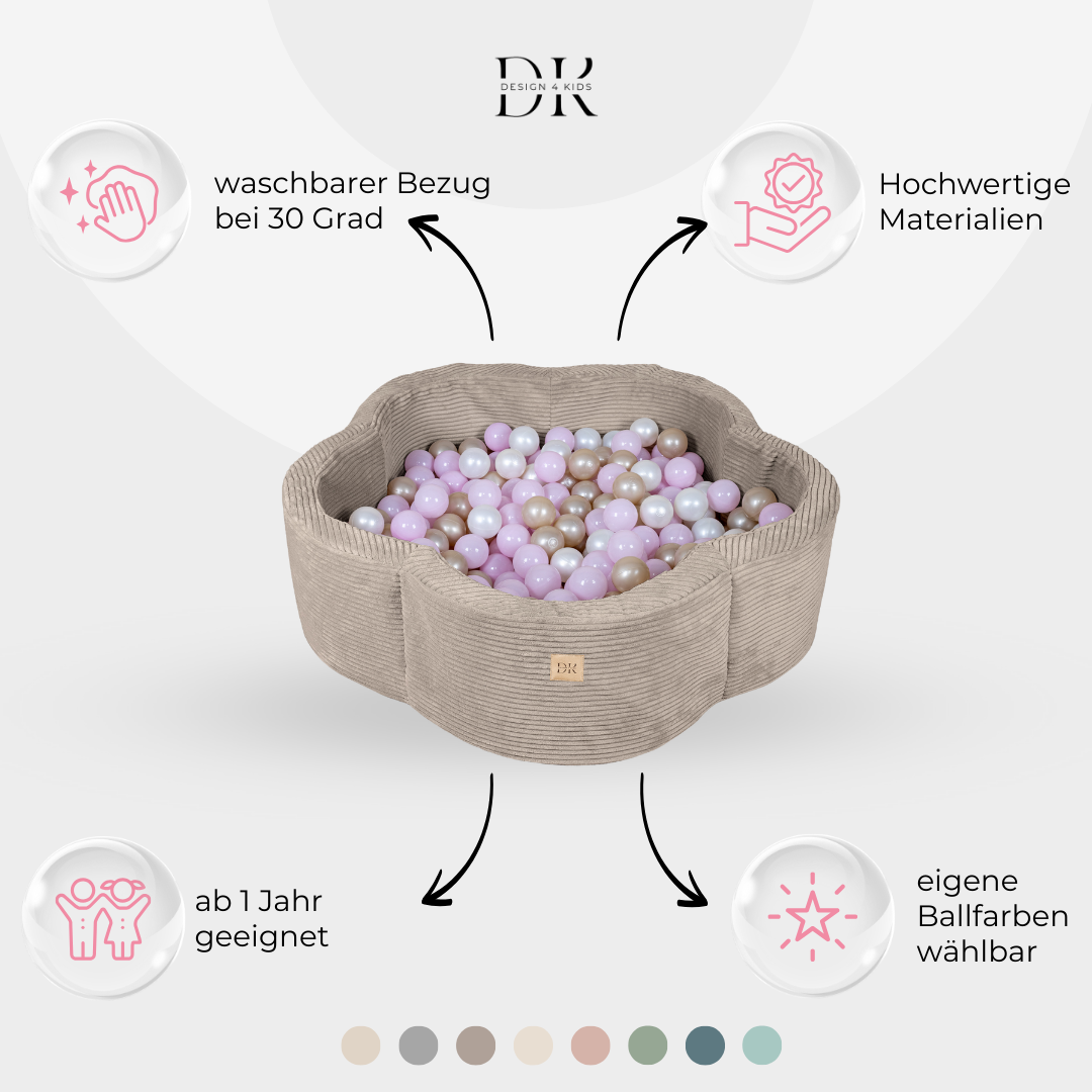 Design4Kids Bällebad Blume Jewel Cord mit Spielmatte, 200 Bälle - eigene Farbauswahl