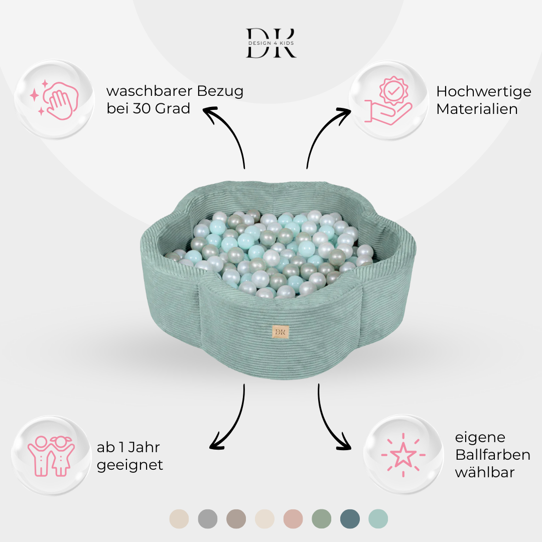 Design4Kids Bällebad Blume Jewel Cord mit Spielmatte, 200 Bälle - eigene Farbauswahl