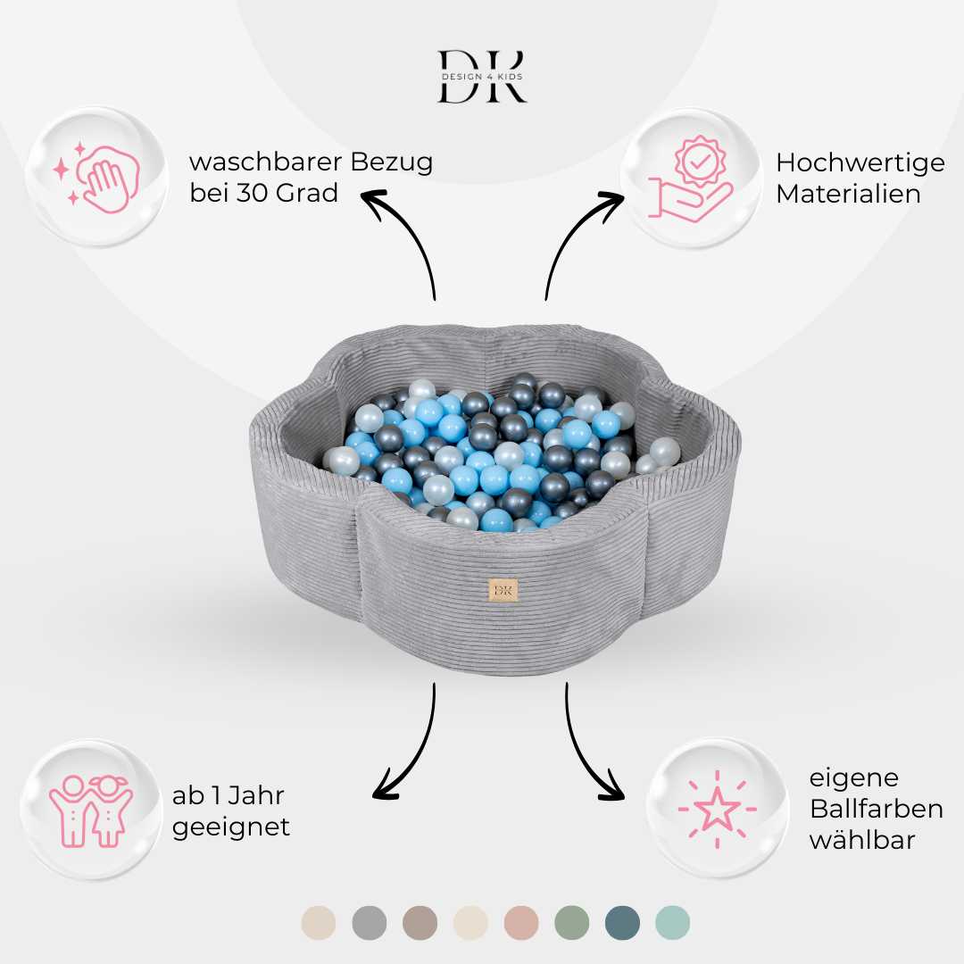Design4Kids Bällebad Blume Jewel Cord mit Spielmatte, 200 Bälle - eigene Farbauswahl