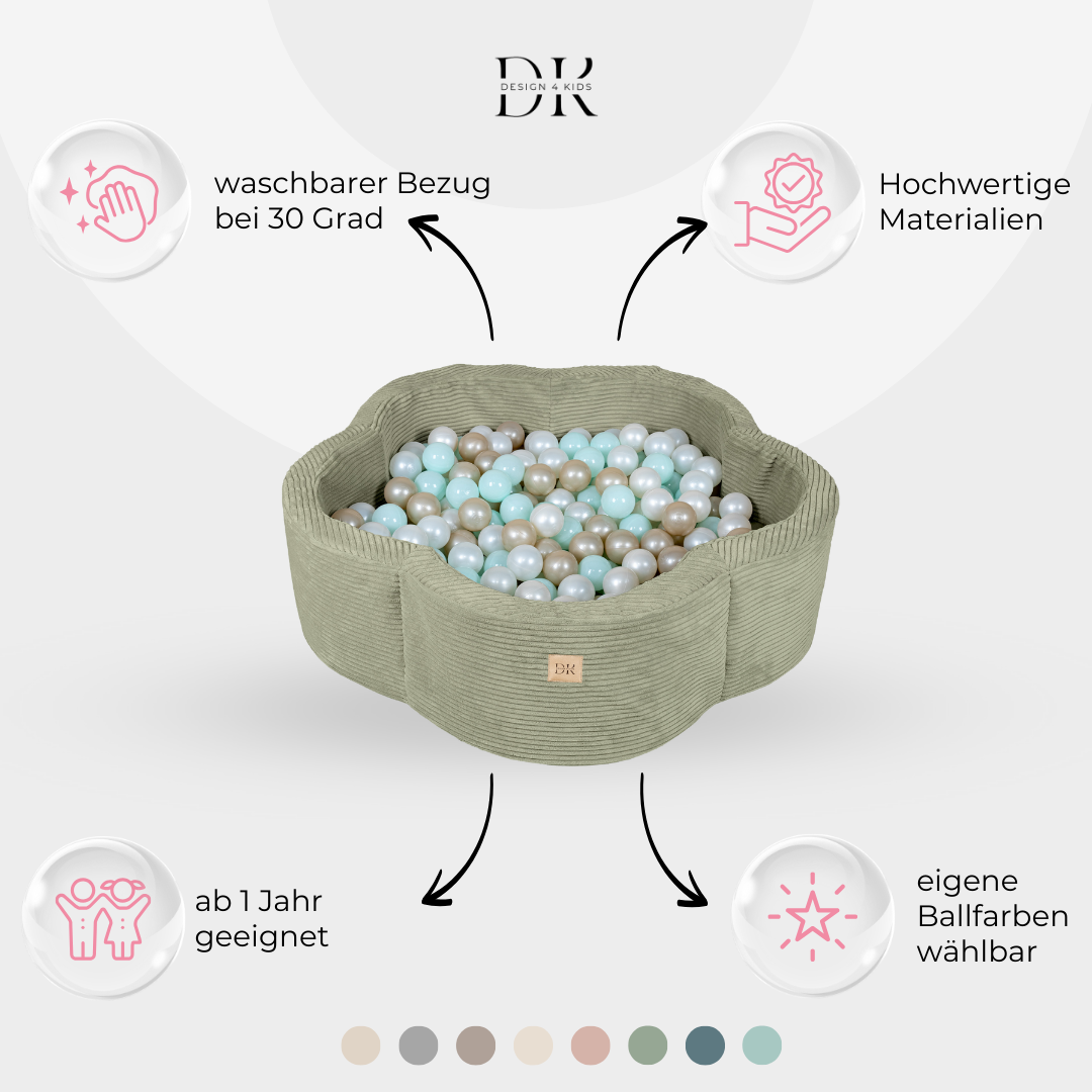 Design4Kids Bällebad Blume Jewel Cord mit Spielmatte, 200 Bälle - eigene Farbauswahl