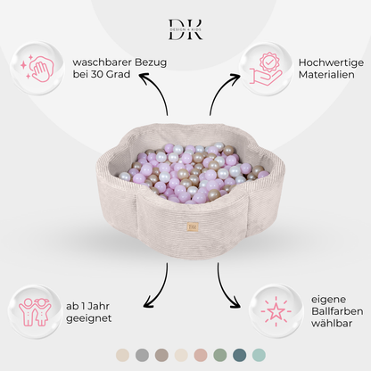 Design4Kids Bällebad Blume Jewel Cord mit Spielmatte, 200 Bälle - eigene Farbauswahl