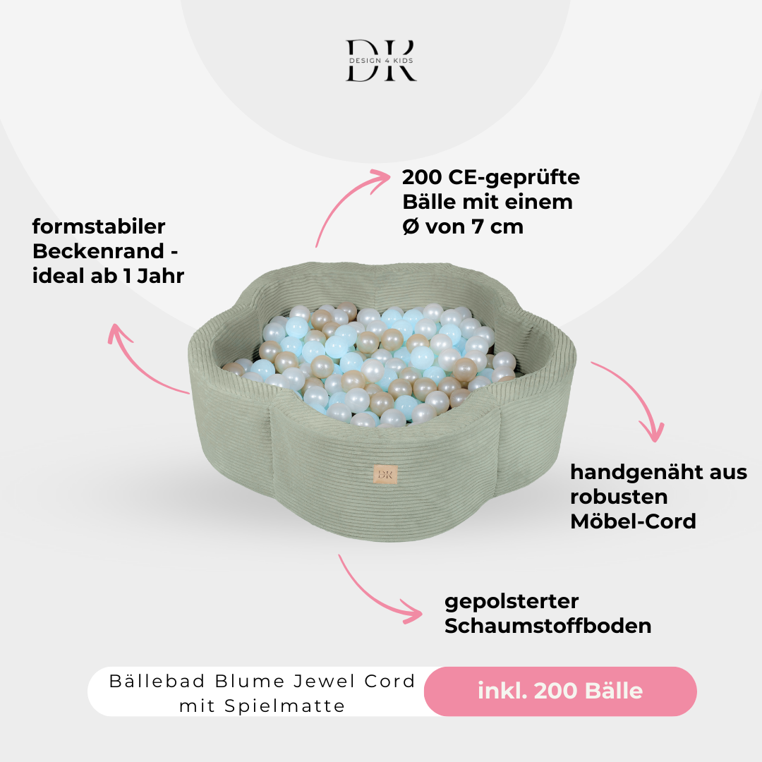 Design4Kids Bällebad Blume Jewel Cord mit Spielmatte, 200 Bälle - eigene Farbauswahl